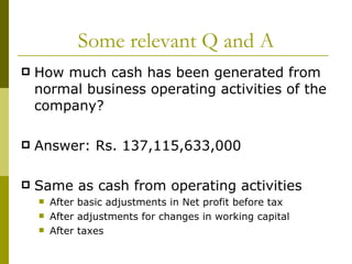 Some relevant Q and A How much cash has been generated from normal business operating activities of the company? Answer: Rs. 137,115,633,000 Same as cash from operating activities After basic adjustments in Net profit before tax After adjustments for changes in working capital After taxes 