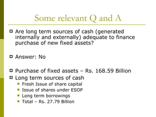 Some relevant Q and A Are long term sources of cash (generated internally and externally) adequate to finance purchase of new fixed assets? Answer: No Purchase of fixed assets – Rs. 168.59 Billion Long term sources of cash Fresh Issue of share capital Issue of shares under ESOP Long term borrowings Total – Rs. 27.79 Billion 