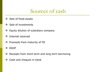 Sources of cash Sale of fixed assets Sale of investments Equity dilution of subsidiary company Interest received Proceeds from maturity of FD ESOP Receipts from short term and long term borrowing Cash and cheques in hand 