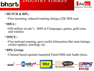 INDUSTRY STRIKES  HUTCH & BPL: Free incoming, reduced roaming charges,32K SIM card. IDEA : 630 million on adv’s . SMS in 9 languages, games, gold coins and watches. SPICE : Free national roaming, gave useful information like train timings, cricket updates, astrology etc. RPG Group: Chennai based operator launched Tamil SMS and Audio times . 