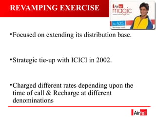REVAMPING EXERCISE Focused on extending its distribution base. Strategic tie-up with ICICI in 2002. Charged different rates depending upon the time of call & Recharge at different denominations 