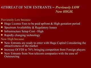 4)THREAT OF NEW ENTRANTS – Previously LOW
                           Now HIGH.

Previously Low because
 Huge License Fees to be paid upfront & High gestation period
 Spectrum Availability & Regulatory Issues
 Infrastructure Setup Cost - High
 Rapidly changing technology
Now High because
 New Entrants are ready to enter with Huge Capital Considering the
   attractiveness of the market
 Increase Of FDI to 76% bringing competiton from Foreign players
 New Entrants from Non telecom companies with the ease of
   Outsourcing
 