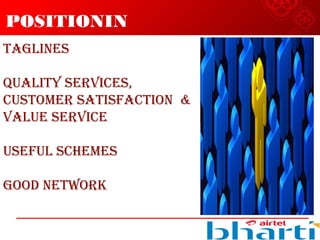 POSITIONIN
GTAGLINES
QUALITY SERVICES,
CUSTOMER SATISFACTION &
VALUE SERVICE
USEFUL SCHEMES
GOOD NETWORK
 