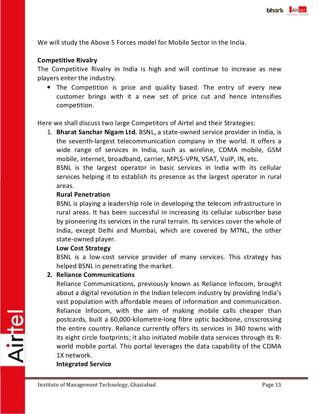 Airtel Ppt Report on strategy
