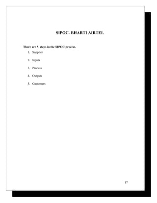 SIPOC- BHARTI AIRTEL
There are 5 steps in the SIPOC process.
1. Supplier
2. Inputs
3. Process
4. Outputs
5. Customers
17
 