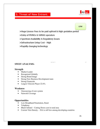 SWOT ANALYSIS-
Strength
• Market Leader
• Recognized Globally
• Strong Brand Image
• Strong New Business Development team
• Strong Financials
• Largest Telecom Player 22.6%
Weakness
• Outsourcing of core system
• Network Coverage
Opportunities
• Low Broadband Penetration, Rural
• Telephony
• Bharti Infratel – Cutting Down cost in rural area
• Current Tele-Density – 30.6 is still low among developing countries
26
 