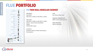FLUE PORTFOLIO
         DW TWIN WALL MODULAR CHIMNEY
         MATERIALS:                                 FUEL:
         Inner Wall:                                Gas, Diesel, Wood, Coal
         AISI 316L (1.4404) or AISI 304L (1.4301)
                                                    WORKING TEMPERATURE:
         Outer Wall:                                6000C Under Continuous Fire
         AISI 304L (1.4404) or AISI 304L (1.4301)
         Aluzinc - only for inside installation     OVER PRESSURE:
         Copper                                     200 Pa (with joint)
         Painted (RAL range)

         Insulation:
         Rockwool (30mm to 50mm depending on
         the diameter)




                                                                                  4
 