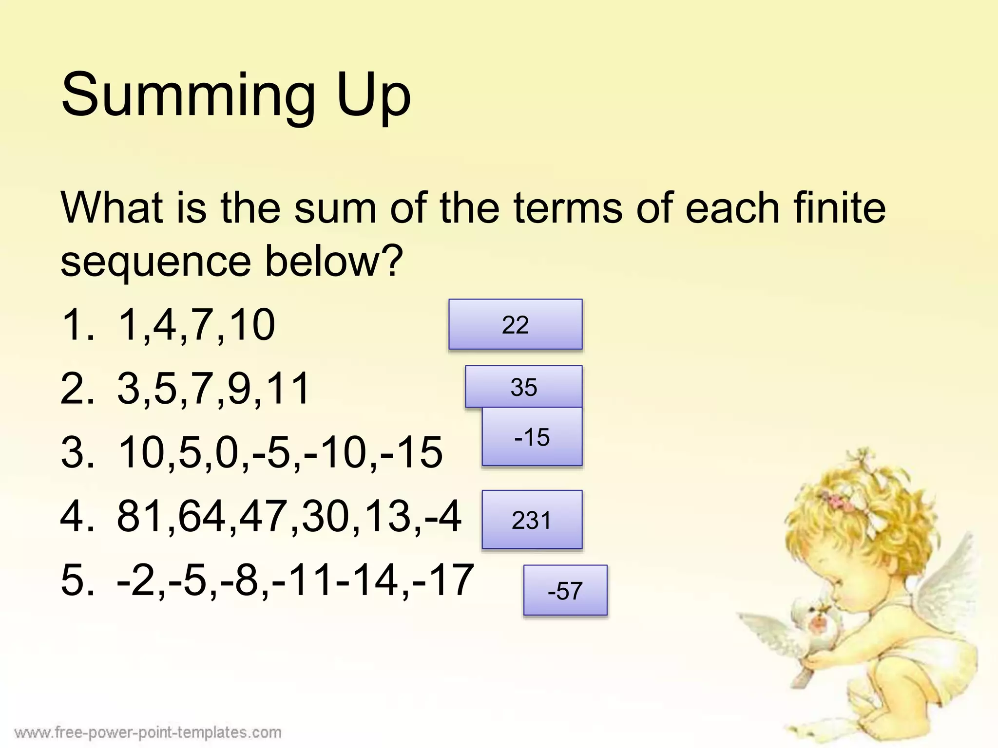 Summing Up
What is the sum of the terms of each finite
sequence below?
1. 1,4,7,10
2. 3,5,7,9,11
3. 10,5,0,-5,-10,-15
4. 81,64,47,30,13,-4
5. -2,-5,-8,-11-14,-17
22
35
-15
231
-57
 
