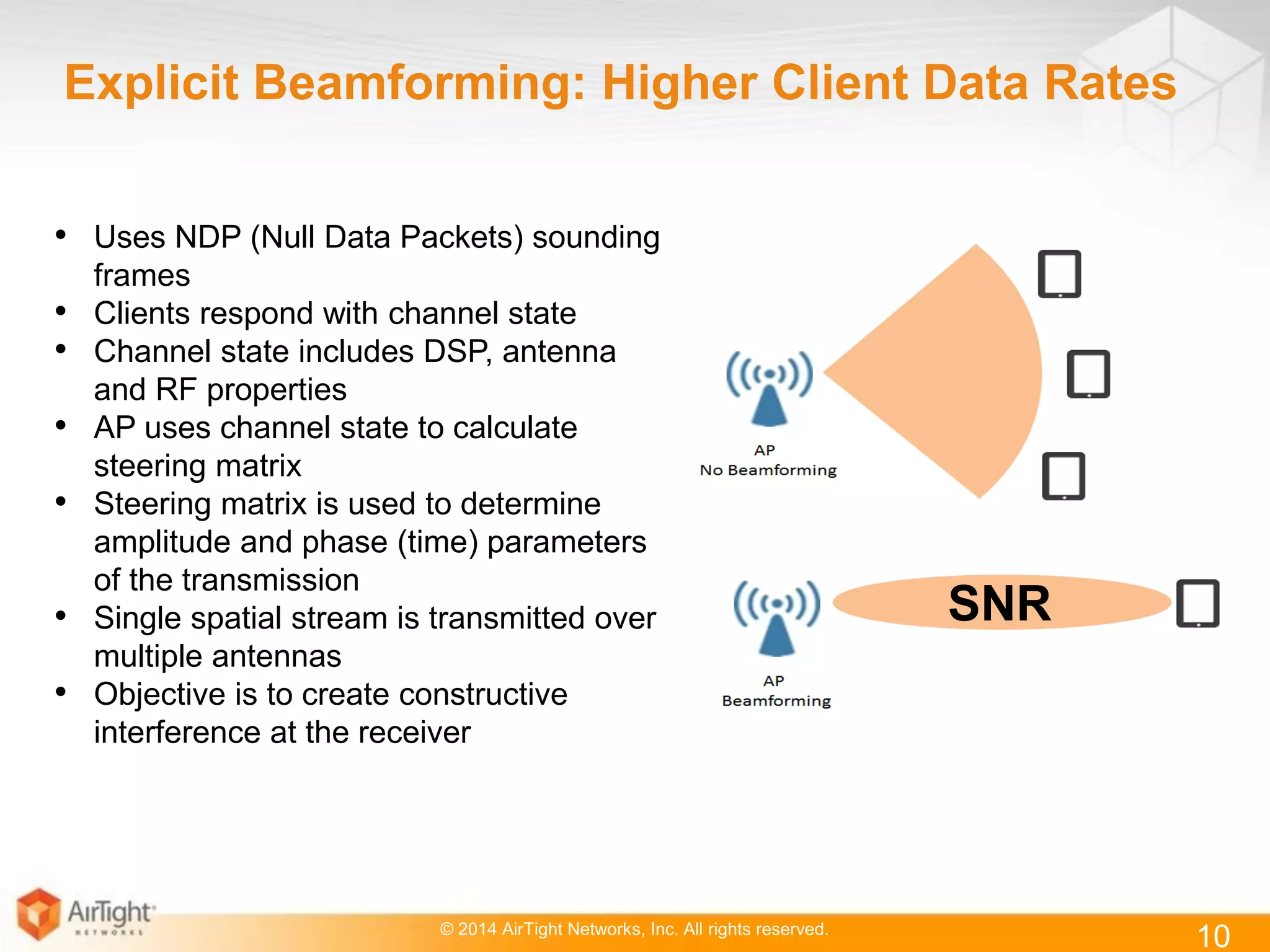 © 2014 AirTight Networks, Inc. All rights reserved.
10
Explicit Beamforming: Higher Client Data Rates
• Uses NDP (Null Data Packets) sounding
frames
• Clients respond with channel state
• Channel state includes DSP, antenna
and RF properties
• AP uses channel state to calculate
steering matrix
• Steering matrix is used to determine
amplitude and phase (time) parameters
of the transmission
• Single spatial stream is transmitted over
multiple antennas
• Objective is to create constructive
interference at the receiver
SNR
 
