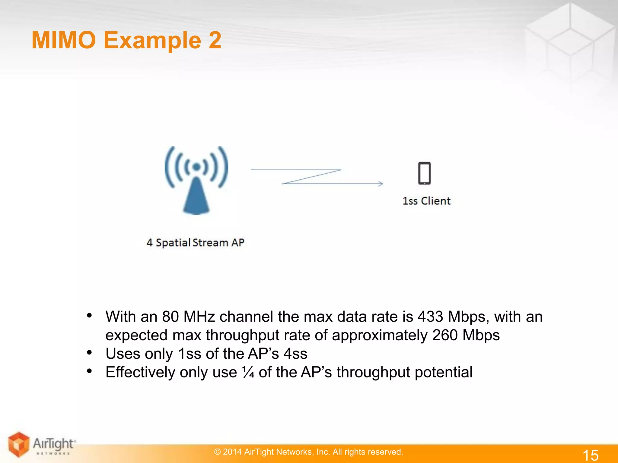 © 2014 AirTight Networks, Inc. All rights reserved.
15
MIMO Example 2
• With an 80 MHz channel the max data rate is 433 Mbps, with an
expected max throughput rate of approximately 260 Mbps
• Uses only 1ss of the AP’s 4ss
• Effectively only use ¼ of the AP’s throughput potential
 