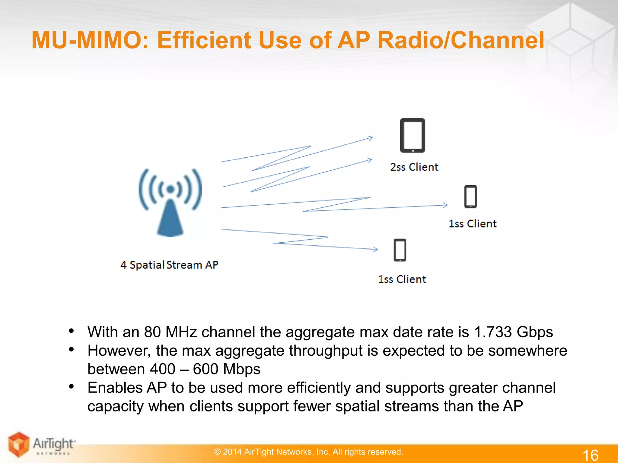 © 2014 AirTight Networks, Inc. All rights reserved.
16
MU-MIMO: Efficient Use of AP Radio/Channel
• With an 80 MHz channel the aggregate max date rate is 1.733 Gbps
• However, the max aggregate throughput is expected to be somewhere
between 400 – 600 Mbps
• Enables AP to be used more efficiently and supports greater channel
capacity when clients support fewer spatial streams than the AP
 