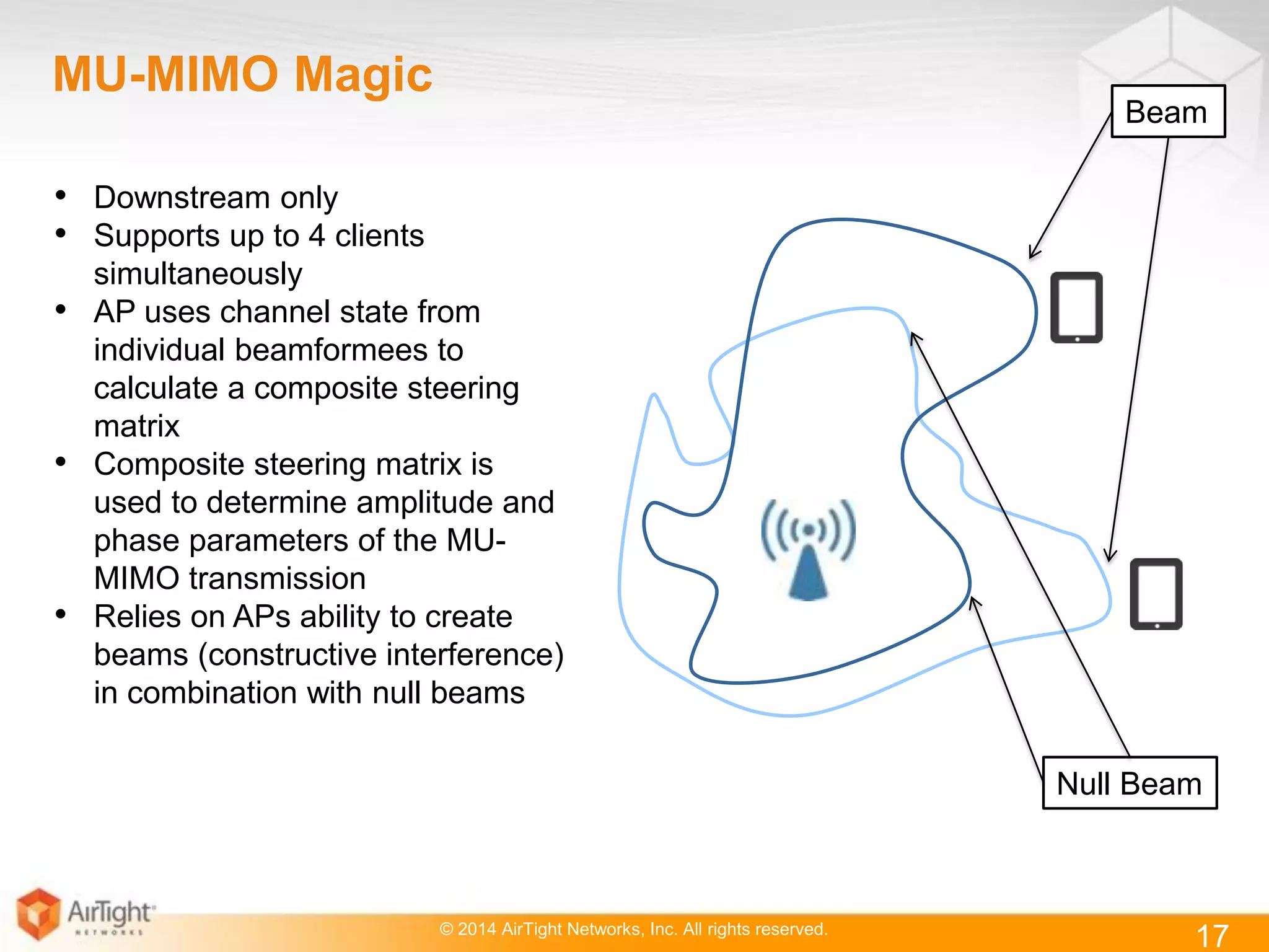 © 2014 AirTight Networks, Inc. All rights reserved.
17
MU-MIMO Magic
• Downstream only
• Supports up to 4 clients
simultaneously
• AP uses channel state from
individual beamformees to
calculate a composite steering
matrix
• Composite steering matrix is
used to determine amplitude and
phase parameters of the MU-
MIMO transmission
• Relies on APs ability to create
beams (constructive interference)
in combination with null beams
Null Beam
Beam
 