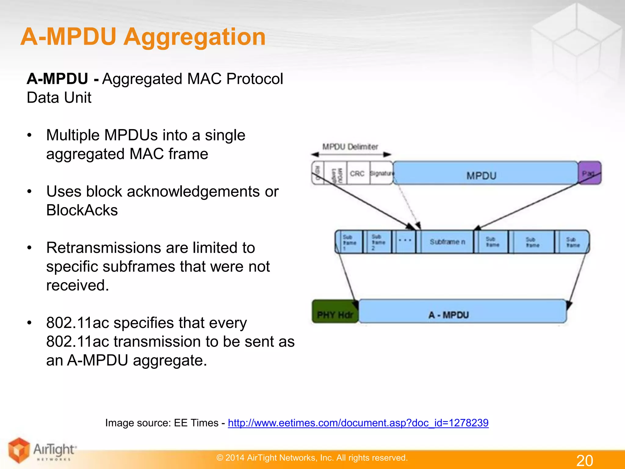 © 2014 AirTight Networks, Inc. All rights reserved.
20
A-MPDU Aggregation
Image source: EE Times - http://www.eetimes.com/document.asp?doc_id=1278239
A-MPDU - Aggregated MAC Protocol
Data Unit
• Multiple MPDUs into a single
aggregated MAC frame
• Uses block acknowledgements or
BlockAcks
• Retransmissions are limited to
specific subframes that were not
received.
• 802.11ac specifies that every
802.11ac transmission to be sent as
an A-MPDU aggregate.
 