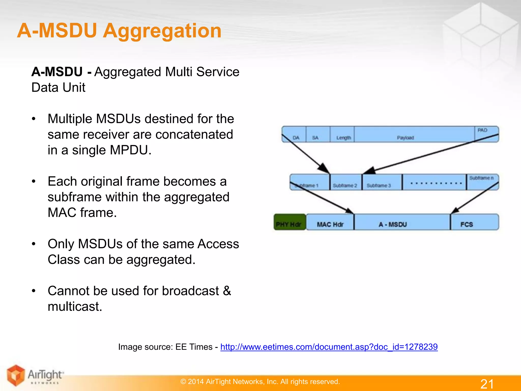 © 2014 AirTight Networks, Inc. All rights reserved.
21
A-MSDU Aggregation
Image source: EE Times - http://www.eetimes.com/document.asp?doc_id=1278239
A-MSDU - Aggregated Multi Service
Data Unit
• Multiple MSDUs destined for the
same receiver are concatenated
in a single MPDU.
• Each original frame becomes a
subframe within the aggregated
MAC frame.
• Only MSDUs of the same Access
Class can be aggregated.
• Cannot be used for broadcast &
multicast.
 