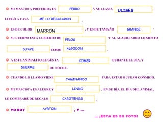 . MI MASCOTA PREFERIDA ES Y SE LLAMA PERRO , LLEGÓ A CASA . ES DE COLOR , Y ES DE TAMAÑO ULISES ME LO REGALARON SU CUERPO ESTÁ CUBIERTO DE Y AL ACARICIARLO LO SIENTO COMO ALGODON . A ESTE ANIMALITO LE GUSTA DURANTE EL DÍA, Y DE NOCHE . DUERME CUANDO LO LLAMO VIENE PARA ESTAR O JUGAR CONMIGO. MI MASCOTA ES ALEGRE Y . EN SU DÍA, EL DÍA DEL ANIMAL, CAMINANDO LINDO LE COMPRARÉ DE REGALO CAROTENOS . YO SOY , Y … AYRTON … ¡ÉSTA ES SU FOTO! COMER MARRÒN SUAVE PELOS GRANDE