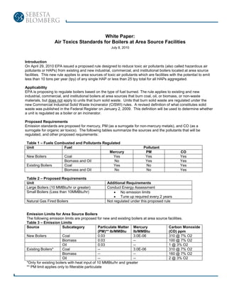 White Paper:
                   Air Toxics Standards for Boilers at Area Source Facilities
                                                        July 8, 2010



Introduction
On April 29, 2010 EPA issued a proposed rule designed to reduce toxic air pollutants (also called hazardous air
pollutants or HAPs) from existing and new industrial, commercial, and institutional boilers located at area source
facilities. This new rule applies to area sources of toxic air pollutants which are facilities with the potential to emit
less than 10 tons per year (tpy) of any single HAP or less than 25 tpy total for all HAPs aggregated.

Applicability
EPA is proposing to regulate boilers based on the type of fuel burned. The rule applies to existing and new
industrial, commercial, and institutional boilers at area sources that burn coal, oil, or biomass, or non-waste
materials, but does not apply to units that burn solid waste. Units that burn solid waste are regulated under the
new Commercial Industrial Solid Waste Incinerator (CISWI) rules. A revised definition of what constitutes solid
waste was published in the Federal Register on January 2, 2009. This definition will be used to determine whether
a unit is regulated as a boiler or an incinerator.

Proposed Requirements
Emission standards are proposed for mercury, PM (as a surrogate for non-mercury metals), and CO (as a
surrogate for organic air toxics). The following tables summarize the sources and the pollutants that will be
regulated, and other proposed requirements:

 Table 1 – Fuels Combusted and Pollutants Regulated
 Unit                Fuel                                                    Pollutant
                                             Mercury                          PM                     CO
 New Boilers         Coal                       Yes                           Yes                    Yes
                     Biomass and Oil            No                            Yes                    Yes
 Existing Boilers    Coal                       Yes                           No                     Yes
                     Biomass and Oil            No                            No                     Yes

 Table 2 – Proposed Requirements
 Unit                                                Additional Requirements
 Large Boilers (10 MMBtu/hr or greater)              Conduct Energy Assessment
 Small Boilers (Less than 10MMBtu/hr)                     No emission limits
                                                          Tune up required every 2 years
 Natural Gas Fired Boilers                           Not regulated under this proposed rule


 Emission Limits for Area Source Boilers
 The following emission limits are proposed for new and existing boilers at area source facilities.
 Table 3 – Emission Limits
 Source                 Subcategory              Particulate Matter Mercury             Carbon Monoxide
                                                 (PM)** lb/MMBtu    lb/MMBtu            (CO) ppm
 New Boilers            Coal                     0.03               3.0E-06             310 @ 7% O2
                        Biomass                  0.03               --                  100 @ 7% O2
                        Oil                      0.03               --                  1 @ 3% O2
 Existing Boilers*      Coal                     --                 3.0E-06             310 @ 7% O2
                        Biomass                  --                 --                  160 @ 7% O2
                        Oil                      --                 --                  2 @ 3% O2
 *Only for existing boilers with heat input of 10 MMBtu/hr and greater
 ** PM limit applies only to filterable particulate
 