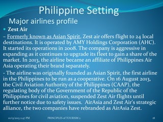 Philippine Setting
Major airlines profile
 Zest Air

– Formerly known as Asian Spirit, Zest air offers flight to 24 local
destinations. It is operated by AMY Holdings Corporation (AHC).
It started its operations in 2008. The company is aggressive in
expanding as it continues to upgrade its fleet to gain a share of the
market. In 2013, the airline became an affiliate of Philippines Air
Asia operating their brand separately.
- The airline was originally founded as Asian Spirit, the first airline
in the Philippines to be run as a cooperative. On 16 August 2013,
the Civil Aviation Authority of the Philippines (CAAP), the
regulating body of the Government of the Republic of the
Philippines for civil aviation, suspended Zest Air flights until
further notice due to safety issues. AirAsia and Zest Air's strategic
alliance, the two companies have rebranded as AirAsia Zest.
10/13/2013 2:47 PM

PRINCIPLES of TOURISM 2

18

 