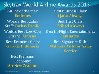 Skytrax World Airline Awards 2013
Airline of the Year:
Emirates
World's Best Cabin
Staff: Cathay Pacific
World's Best Low-Cost
Airline: Air Asia
Best Economy Class:
Garuda Indonesia

Best Business Class:
Qatar Airways
Best First Class:
Etihad Airways
Best In-Flight Entertainment:
Emirates
Best Signature Dish:
Malaysia Airlines' Satay
Service

Best Premium
Economy:
Air New Zealand
10/13/2013 2:47 PM

PRINCIPLES of TOURISM 2

23

 
