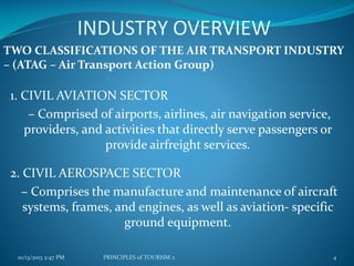 INDUSTRY OVERVIEW
TWO CLASSIFICATIONS OF THE AIR TRANSPORT INDUSTRY
– (ATAG – Air Transport Action Group)

1. CIVIL AVIATION SECTOR
– Comprised of airports, airlines, air navigation service,
providers, and activities that directly serve passengers or
provide airfreight services.
2. CIVIL AEROSPACE SECTOR
– Comprises the manufacture and maintenance of aircraft
systems, frames, and engines, as well as aviation- specific
ground equipment.
10/13/2013 2:47 PM

PRINCIPLES of TOURISM 2

4

 
