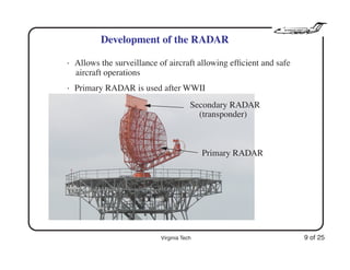 Virginia Tech 9 of 25
Development of the RADAR
• Allows the surveillance of aircraft allowing efﬁcient and safe
aircraft operations
• Primary RADAR is used after WWII
Primary RADAR
Secondary RADAR
(transponder)
 