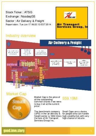 Stock Ticker : ATSG
Exchange : NasdaqGS
Sector : Air Delivery & Freight
Report date : Tue Jun 17 06:22:13 EDT 2014
Industry overview
Market Cap
Market Cap is the price of
all the outstanding
common shares if we were
to buy it all at the current
price
559.19M
The benchmark company
(UPS) in the air delivery &
freight sector is 1654 times
the size of Air Transport
Services Group Inc.
Small Caps are a choice
for people who can handle
high volatility/risk with very
high chance of returns
1
 