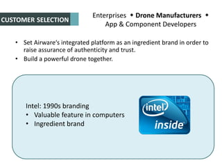 CUSTOMER SELECTION
• Set Airware‘s integrated platform as an ingredient brand in order to
raise assurance of authenticity and trust.
• Build a powerful drone together.
Intel: 1990s branding
• Valuable feature in computers
• Ingredient brand
Enterprises  Drone Manufacturers 
App & Component Developers
 