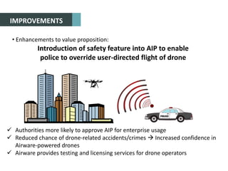 IMPROVEMENTS
• Enhancements to value proposition:
Introduction of safety feature into AIP to enable
police to override user-directed flight of drone
 Authorities more likely to approve AIP for enterprise usage
 Reduced chance of drone-related accidents/crimes  Increased confidence in
Airware-powered drones
 Airware provides testing and licensing services for drone operators
 