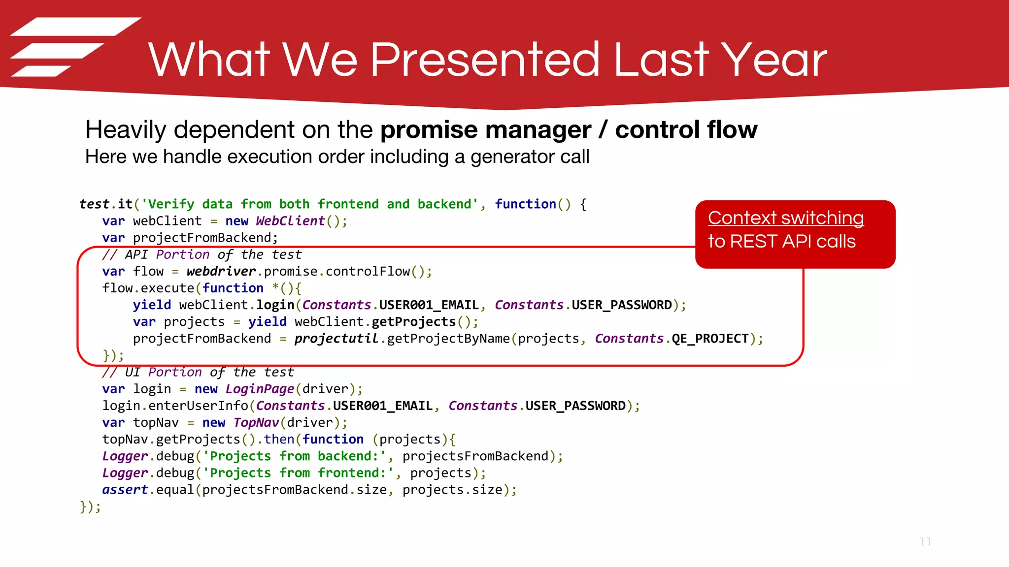 11
test.it('Verify data from both frontend and backend', function() {
var webClient = new WebClient();
var projectFromBackend;
// API Portion of the test
var flow = webdriver.promise.controlFlow();
flow.execute(function *(){
yield webClient.login(Constants.USER001_EMAIL, Constants.USER_PASSWORD);
var projects = yield webClient.getProjects();
projectFromBackend = projectutil.getProjectByName(projects, Constants.QE_PROJECT);
});
// UI Portion of the test
var login = new LoginPage(driver);
login.enterUserInfo(Constants.USER001_EMAIL, Constants.USER_PASSWORD);
var topNav = new TopNav(driver);
topNav.getProjects().then(function (projects){
Logger.debug('Projects from backend:', projectsFromBackend);
Logger.debug('Projects from frontend:', projects);
assert.equal(projectsFromBackend.size, projects.size);
});
Heavily dependent on the promise manager / control flow
Here we handle execution order including a generator call
What We Presented Last Year
Context switching
to REST API calls
 