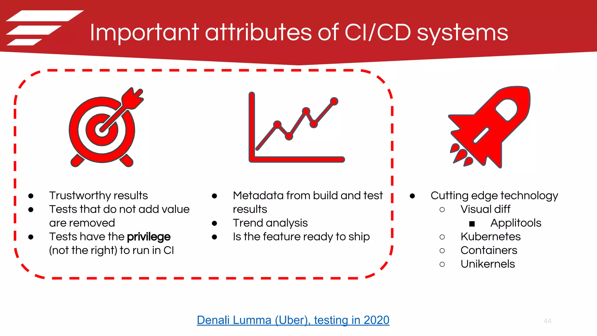 44
Important attributes of CI/CD systems
● Trustworthy results
● Tests that do not add value
are removed
● Tests have the privilege
(not the right) to run in CI
● Metadata from build and test
results
● Trend analysis
● Is the feature ready to ship
● Cutting edge technology
○ Visual diff
■ Applitools
○ Kubernetes
○ Containers
○ Unikernels
Denali Lumma (Uber), testing in 2020
 
