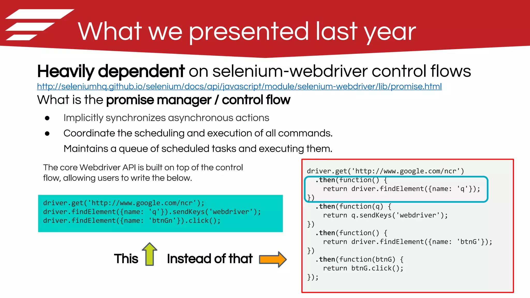 8
Heavily dependent on selenium-webdriver control flows
http://seleniumhq.github.io/selenium/docs/api/javascript/module/selenium-webdriver/lib/promise.html
What is the promise manager / control flow
● Implicitly synchronizes asynchronous actions
● Coordinate the scheduling and execution of all commands.
Maintains a queue of scheduled tasks and executing them.
What we presented last year
driver.get('http://www.google.com/ncr');
driver.findElement({name: 'q'}).sendKeys('webdriver');
driver.findElement({name: 'btnGn'}).click();
driver.get('http://www.google.com/ncr')
.then(function() {
return driver.findElement({name: 'q'});
})
.then(function(q) {
return q.sendKeys('webdriver');
})
.then(function() {
return driver.findElement({name: 'btnG'});
})
.then(function(btnG) {
return btnG.click();
});
The core Webdriver API is built on top of the control
flow, allowing users to write the below.
Instead of thatThis
 