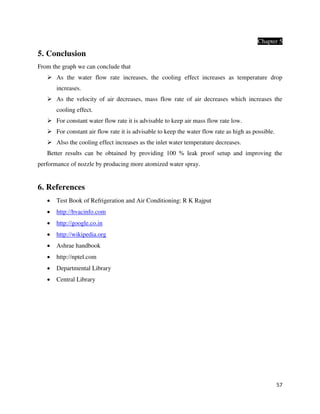 57
Chapter 5
5. Conclusion
From the graph we can conclude that
 As the water flow rate increases, the cooling effect increases as temperature drop
increases.
 As the velocity of air decreases, mass flow rate of air decreases which increases the
cooling effect.
 For constant water flow rate it is advisable to keep air mass flow rate low.
 For constant air flow rate it is advisable to keep the water flow rate as high as possible.
 Also the cooling effect increases as the inlet water temperature decreases.
Better results can be obtained by providing 100 % leak proof setup and improving the
performance of nozzle by producing more atomized water spray.
6. References
 Test Book of Refrigeration and Air Conditioning: R K Rajput
 http://hvacinfo.com
 http://google.co.in
 http://wikipedia.org
 Ashrae handbook
 http://nptel.com
 Departmental Library
 Central Library
 