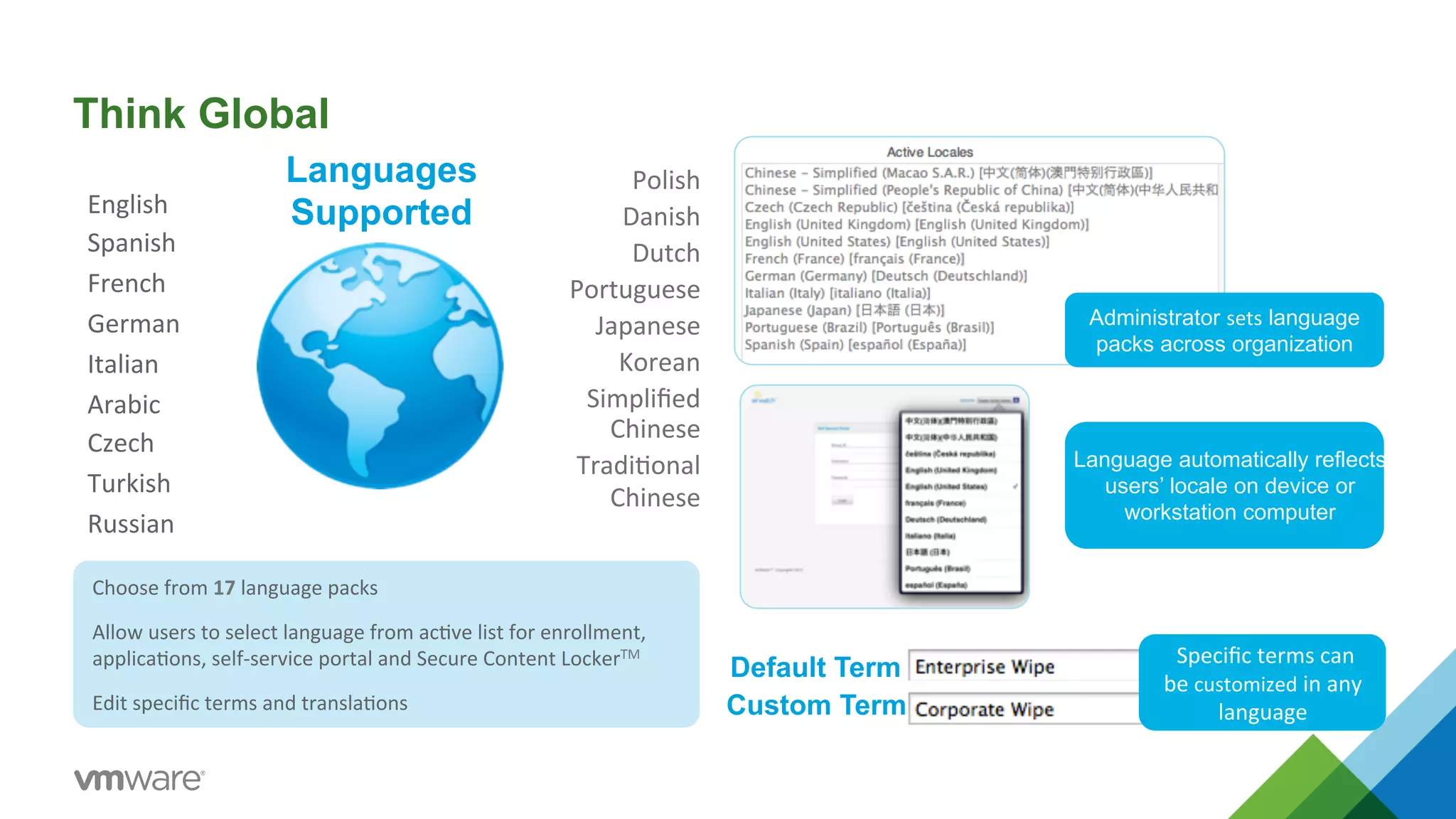 Think Global 
Choose 
from 
17 
language 
packs 
Allow 
users 
to 
select 
language 
from 
ac5ve 
list 
for 
enrollment, 
applica5ons, 
self-­‐service 
portal 
and 
Secure 
Content 
LockerTM 
Edit 
specific 
terms 
and 
transla5ons 
Administrator sets language 
packs across organization 
Default Term 
Custom Term 
Language automatically reflects 
users’ locale on device or 
workstation computer 
Specific 
terms 
can 
be 
customized 
in 
any 
language 
Polish 
Danish 
Dutch 
Portuguese 
Japanese 
Korean 
Simplified 
Chinese 
Tradi5onal 
Chinese 
Languages 
English 
Supported 
Spanish 
French 
German 
Italian 
Arabic 
Czech 
Turkish 
Russian 
 