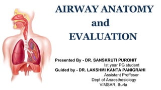 AIRWAY ANATOMY
and
EVALUATION
Presented By - DR. SANSKRUTI PUROHIT
Ist year PG student
Guided by - DR. LAKSHMI KANTA PANIGRAHI
Assistant Proffesor
Dept of Anaesthesiology
VIMSAR, Burla
 