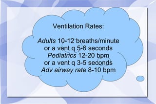Ventilation Rates: Adults  10-12 breaths/minute or a vent q 5-6 seconds Pediatrics  12-20 bpm or a vent q 3-5 seconds Adv airway rate  8-10 bpm 