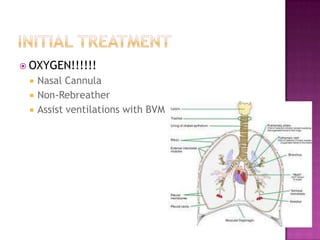  OXYGEN!!!!!!
    Nasal Cannula
    Non-Rebreather
    Assist ventilations with BVM
 