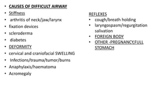 • CAUSES OF DIFFICULT AIRWAY
• Stiffness
• arthritis of neck/jaw/larynx
• fixation devices
• scleroderma
• diabetes
• DEFORMITY
• cervical and craniofacial SWELLING
• Infections/trauma/tumor/burns
• Anaphylaxis/haematoma
• Acromegaly
REFLEXES
• cough/breath holding
• laryngospasm/regurgitation
salivation
• FOREIGN BODY
• OTHER -PREGNANCY,FULL
STOMACH
 