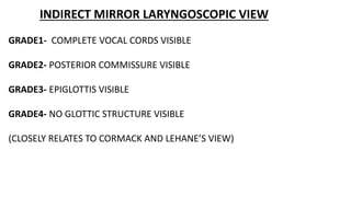 INDIRECT MIRROR LARYNGOSCOPIC VIEW
GRADE1- COMPLETE VOCAL CORDS VISIBLE
GRADE2- POSTERIOR COMMISSURE VISIBLE
GRADE3- EPIGLOTTIS VISIBLE
GRADE4- NO GLOTTIC STRUCTURE VISIBLE
(CLOSELY RELATES TO CORMACK AND LEHANE’S VIEW)
 