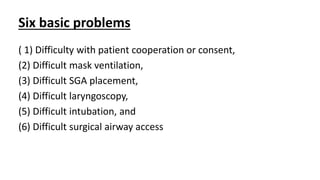 Six basic problems
( 1) Difficulty with patient cooperation or consent,
(2) Difficult mask ventilation,
(3) Difficult SGA placement,
(4) Difficult laryngoscopy,
(5) Difficult intubation, and
(6) Difficult surgical airway access
 