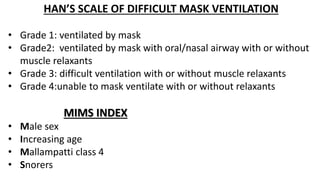 HAN’S SCALE OF DIFFICULT MASK VENTILATION
• Grade 1: ventilated by mask
• Grade2: ventilated by mask with oral/nasal airway with or without
muscle relaxants
• Grade 3: difficult ventilation with or without muscle relaxants
• Grade 4:unable to mask ventilate with or without relaxants
MIMS INDEX
• Male sex
• Increasing age
• Mallampatti class 4
• Snorers
 