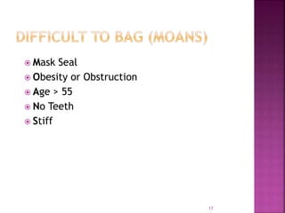 17
 Mask Seal
 Obesity or Obstruction
 Age > 55
 No Teeth
 Stiff
 