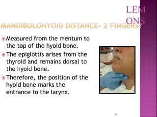 44
 Measured from the mentum to
the top of the hyoid bone.
 The epiglottis arises from the
thyroid and remains dorsal to
the hyoid bone.
 Therefore, the position of the
hyoid bone marks the
entrance to the larynx.
LEM
ONS
 