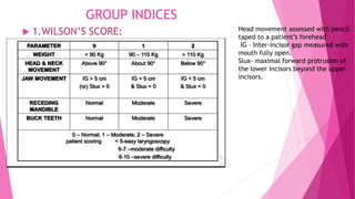 GROUP INDICES
 1.WILSON’S SCORE: Head movement assessed with pencil
taped to a patient’s forehead
IG – Inter-incisor gap measured with
mouth fully open.
Slux- maximal forward protrusion of
the lower incisors beyond the upper
incisors.
 