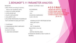 2.BENUMOF’S 11 PARAMETER ANALYSIS:
PARAMETER MINIMUM ACCEPTABLE VALUE
1.BUCK TEETH( overriding of maxillary
teeth on the mandibular teeth) NO OVERRIDING.
2. LENGTH OF UPPER INCISORS <1.5cm
3. INTER-INCISOR GAP >3cm
4. PALATE CONFIGURATION NO ARCHING/NARROWNESS
5. MALLAMPATI CLASS CLASS II OR LESS
6.VOLUNTARY PROTRUSION OF MANDIBULAR
TEETH ANTERIOR TO MAXILLARY TEETH MANDIBULAR TEETH PROTRUDED BEYOND
MAXILLARY TEETH
7. TM DISTANCE >5cm
8. SUBMANDIBULAR SPACE COMPLIANCE SOFT TO PALPATION
9.NECK THICKNESS QUALITATIVE [>33cm DI]
10.LENGTH OF NECK >8cm
11. HEAD/NECK MOVEMENT SNIFFING POSITION( HEAD
EXTENSION 85 DEGREES & NECK FLEXION 35
DEGREES)
4-2-2-3 RULE
4STEPS ON TEETH [1,2,3,6]
2 STEPS INSIDE MOUTH[4,5]
2 STEPS FOR MANDIBULAR SPACE]
3 STEPS IN NECK EXAMINATION
[9,10,11]
 