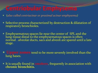 Centriobular Emphysema
 (also called centriacinar or proximal acinar emphysema)
 Selective process characterized by destruction & dilatation of
respiratory bronchioles.
 Emphysematous spaces lie near the center of SPL and the
lung tissue distal to the emphysematous spaces is often
normal . alveolar ducts, sacs and alveoli are spared until a late
stage.
 Upper zones tend to be more severely involved than the
lung bases.
 It is usually found in smokers, frequently in association with
chronic bronchitis.
 