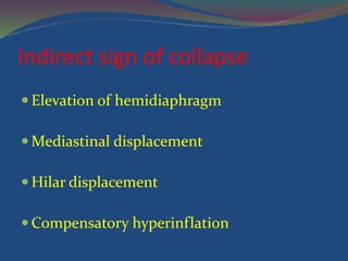 Indirect sign of collapse
 Elevation of hemidiaphragm
 Mediastinal displacement
 Hilar displacement
 Compensatory hyperinflation
 