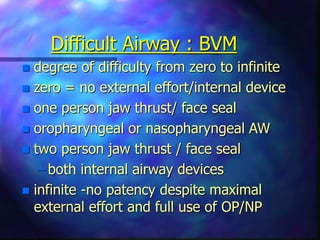 Difficult Airway : BVM
 degree of difficulty from zero to infinite
 zero = no external effort/internal device
 one person jaw thrust/ face seal
 oropharyngeal or nasopharyngeal AW
 two person jaw thrust / face seal
– both internal airway devices
 infinite -no patency despite maximal
external effort and full use of OP/NP
 