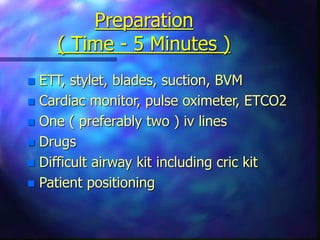 Preparation
( Time - 5 Minutes )
 ETT, stylet, blades, suction, BVM
 Cardiac monitor, pulse oximeter, ETCO2
 One ( preferably two ) iv lines
 Drugs
 Difficult airway kit including cric kit
 Patient positioning
 