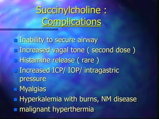 Succinylcholine :
Complications
 Inability to secure airway
 Increased vagal tone ( second dose )
 Histamine release ( rare )
 Increased ICP/ IOP/ intragastric
pressure
 Myalgias
 Hyperkalemia with burns, NM disease
 malignant hyperthermia
 