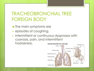 TRACHEOBRONCHIAL TREE
FOREIGN BODY
 The



main symptoms are
episodes of coughing,
intermittent or continuous dyspnoea with
cyanosis, pain, and intermittent
hoarseness.

 