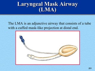 251
Laryngeal Mask Airway
(LMA)
The LMA is an adjunctive airway that consists of a tube
with a cuffed mask-like projection at distal end.
 